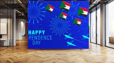 January 1 Sudan Independence Day greeting card. Celebration background with fireworks, flags, flagpole and text. Wall mural